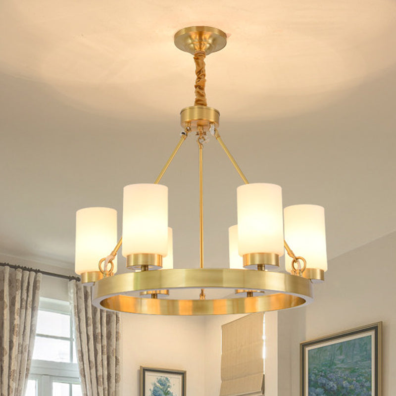 Wagon Wheel Frosted Glass Chandelier Light Classic 4/6 Lights Bedroom Pendant Lighting in Gold with Cylinder Shade Clearhalo 'Ceiling Lights' 'Chandeliers' Lighting' options 247623