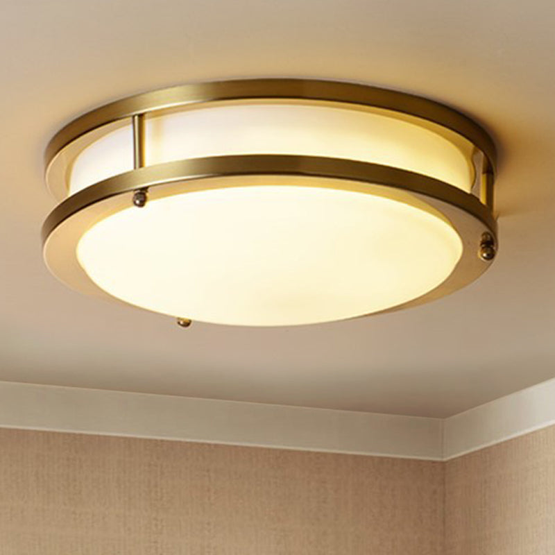 Black/Brass LED Ceiling Mount Traditional White Glass Drum Flush Light Fixture for Corridor in Warm/White Light, 12"/16" W Brass Warm Clearhalo 'Ceiling Lights' 'Close To Ceiling Lights' 'Close to ceiling' 'Flush mount' Lighting' 247624