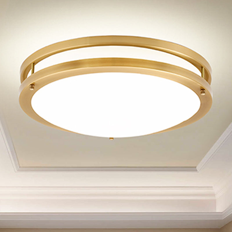 Black/Brass LED Ceiling Mount Traditional White Glass Drum Flush Light Fixture for Corridor in Warm/White Light, 12"/16" W Brass White Clearhalo 'Ceiling Lights' 'Close To Ceiling Lights' 'Close to ceiling' 'Flush mount' Lighting' 247625