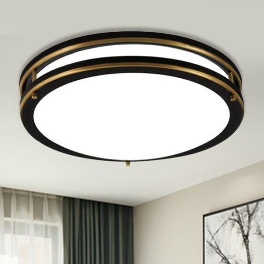 Black/Brass LED Ceiling Mount Traditional White Glass Drum Flush Light Fixture for Corridor in Warm/White Light, 12"/16" W Black Clearhalo 'Ceiling Lights' 'Close To Ceiling Lights' 'Close to ceiling' 'Flush mount' Lighting' 247626