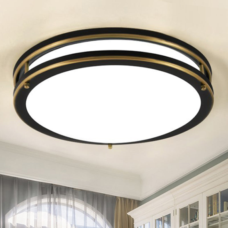 Black/Brass LED Ceiling Mount Traditional White Glass Drum Flush Light Fixture for Corridor in Warm/White Light, 12"/16" W Clearhalo 'Ceiling Lights' 'Close To Ceiling Lights' 'Close to ceiling' 'Flush mount' Lighting' 247627