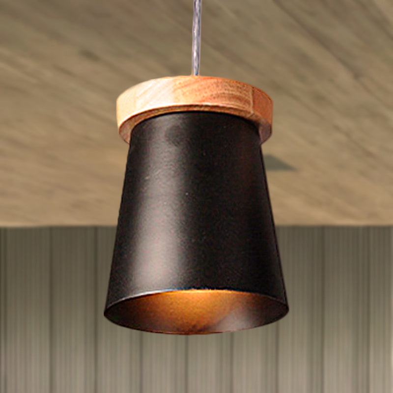 Black Finish Bucket Suspension Light Industrial Loft Metal and Wood 1 Light Kitchen Pendant Ceiling Light Black Clearhalo 'Ceiling Lights' 'Modern Pendants' 'Modern' 'Pendant Lights' 'Pendants' Lighting' 247659