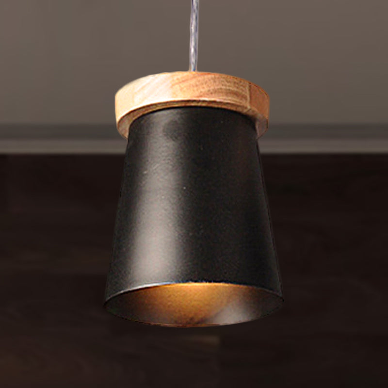 Black Finish Bucket Suspension Light Industrial Loft Metal and Wood 1 Light Kitchen Pendant Ceiling Light Clearhalo 'Ceiling Lights' 'Modern Pendants' 'Modern' 'Pendant Lights' 'Pendants' Lighting' 247660