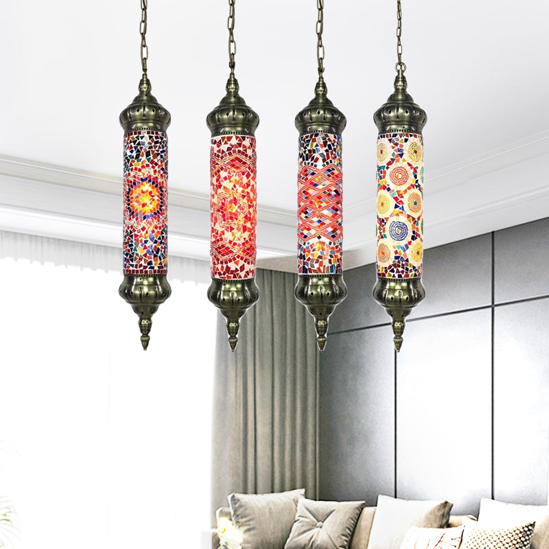 Bronze Tube Ceiling Light Retro Colorful Glass 1/4 Heads Pendant Lighting Fixture for Living Room Bronze E 4 Clearhalo 'Ceiling Lights' 'Glass shade' 'Glass' 'Pendant Lights' 'Pendants' Lighting' 247662