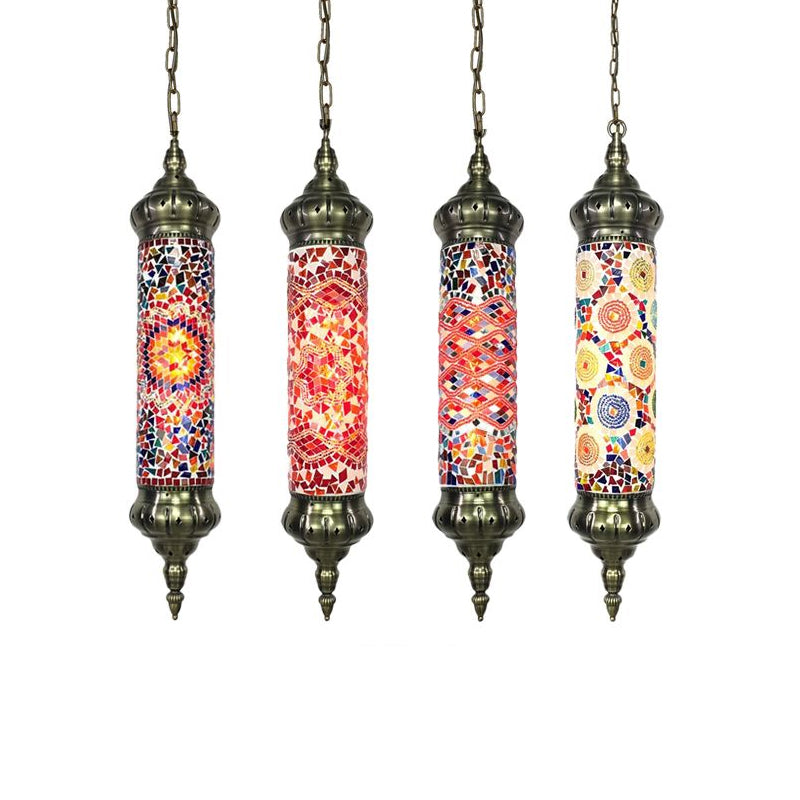 Bronze Tube Ceiling Light Retro Colorful Glass 1/4 Heads Pendant Lighting Fixture for Living Room Clearhalo 'Ceiling Lights' 'Glass shade' 'Glass' 'Pendant Lights' 'Pendants' Lighting' 247663