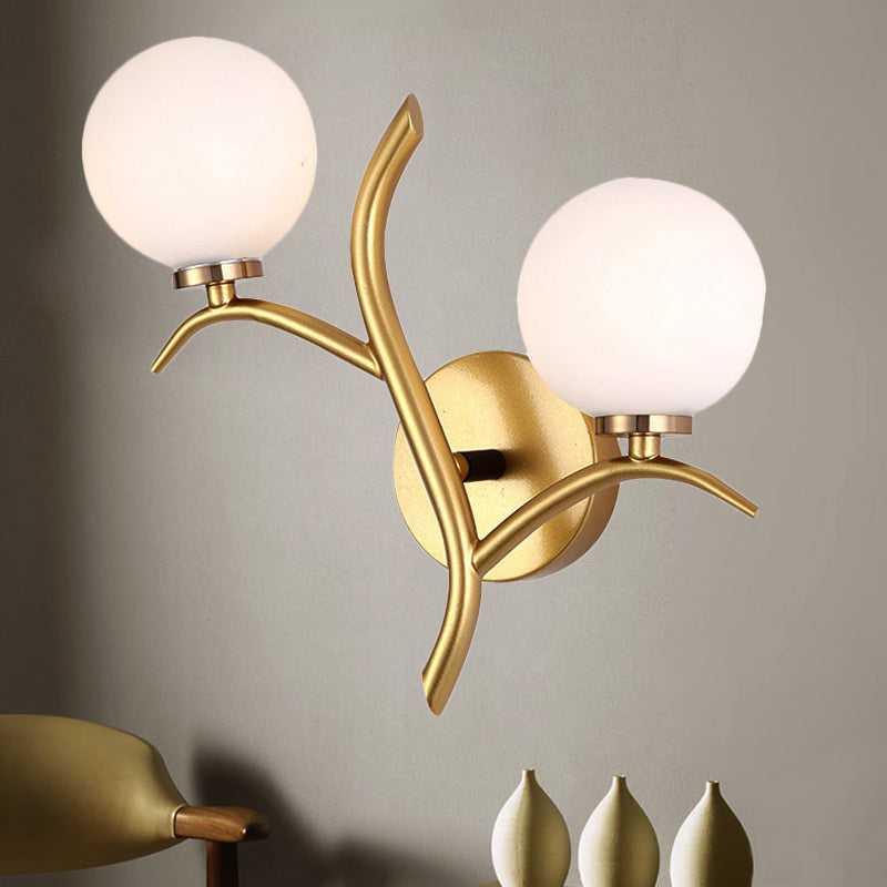 2 Bulbs White Glass Wall Sconce Modern Gold/Black Globe Dining Room Sconce Light with Branch-Shaped Arm Gold Clearhalo 'Wall Lamps & Sconces' 'Wall Lights' Lighting' 247689