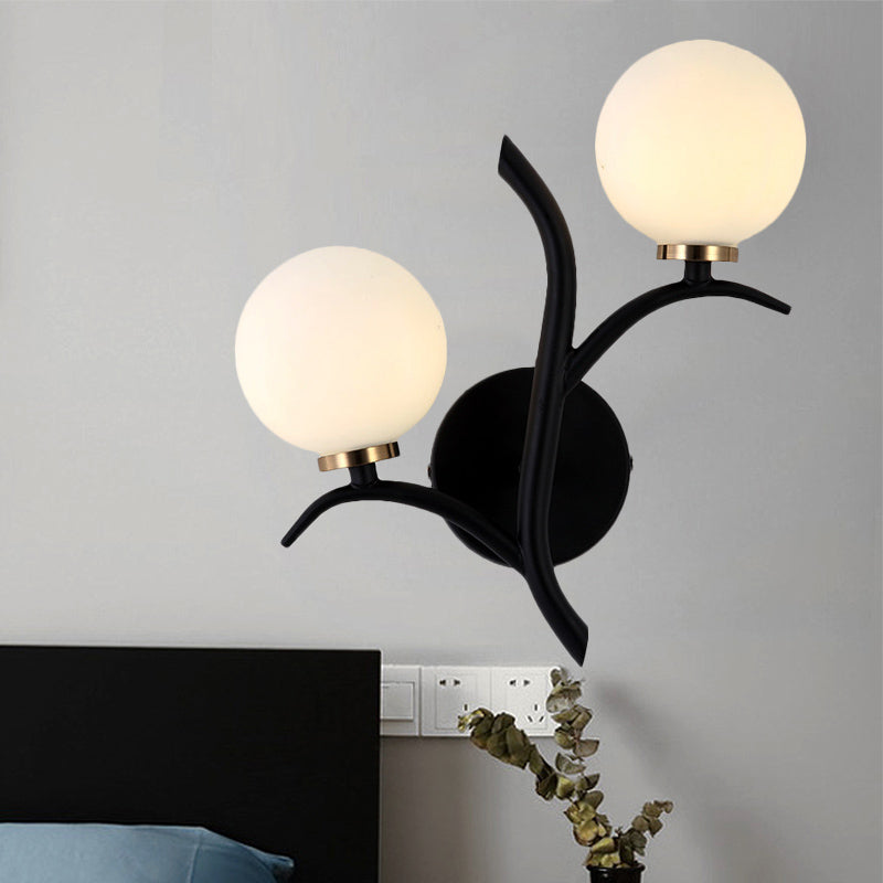 2 Bulbs White Glass Wall Sconce Modern Gold/Black Globe Dining Room Sconce Light with Branch-Shaped Arm Black Clearhalo 'Wall Lamps & Sconces' 'Wall Lights' Lighting' 247691