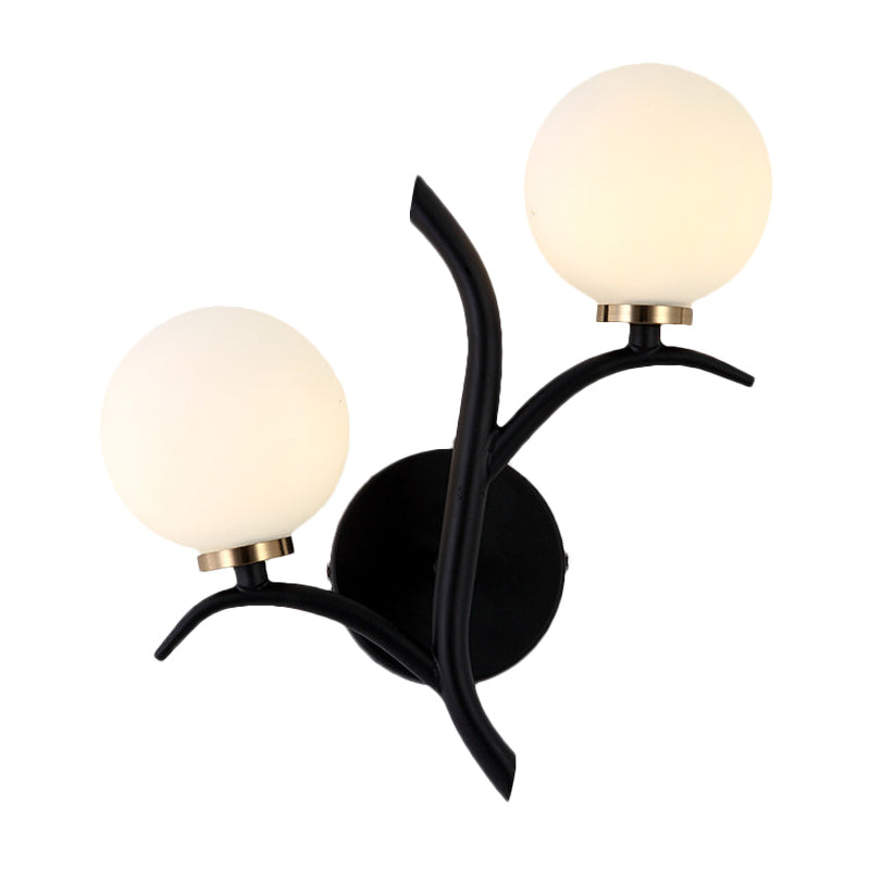 2 Bulbs White Glass Wall Sconce Modern Gold/Black Globe Dining Room Sconce Light with Branch-Shaped Arm Clearhalo 'Wall Lamps & Sconces' 'Wall Lights' Lighting' 247693