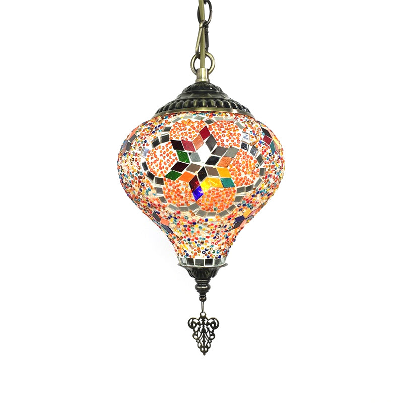 1/6 Bulbs Coffee House Suspension Pendant Tradition Bronze Hanging Light Kit with Droplet Colorful Glass Shade Clearhalo 'Ceiling Lights' 'Glass shade' 'Glass' 'Pendant Lights' 'Pendants' Lighting' 247706