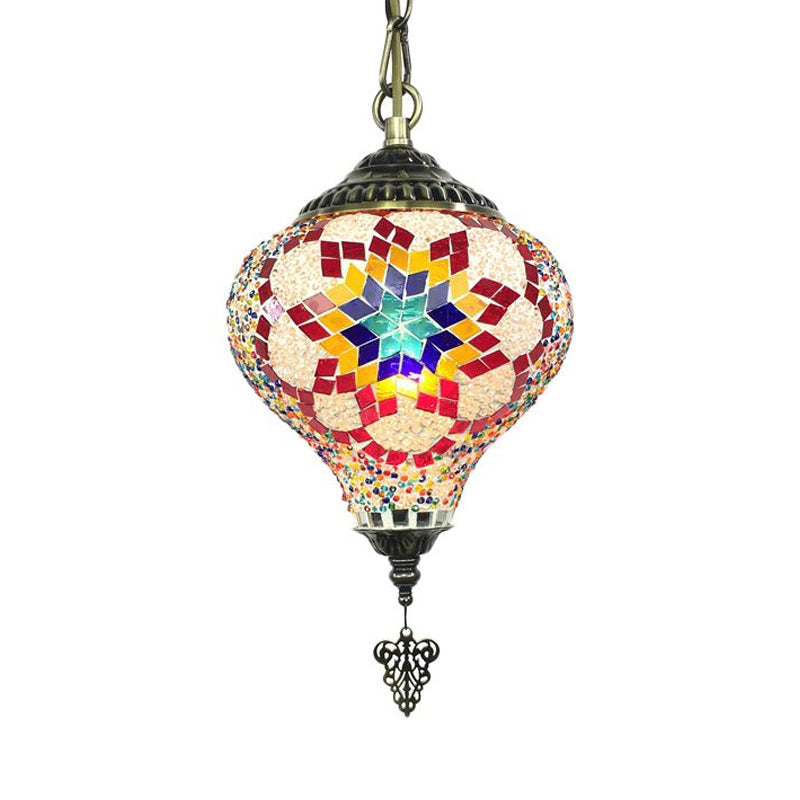 1/6 Bulbs Coffee House Suspension Pendant Tradition Bronze Hanging Light Kit with Droplet Colorful Glass Shade Clearhalo 'Ceiling Lights' 'Glass shade' 'Glass' 'Pendant Lights' 'Pendants' Lighting' 247710