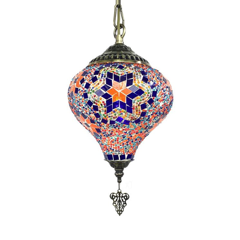 1/6 Bulbs Coffee House Suspension Pendant Tradition Bronze Hanging Light Kit with Droplet Colorful Glass Shade Clearhalo 'Ceiling Lights' 'Glass shade' 'Glass' 'Pendant Lights' 'Pendants' Lighting' 247714