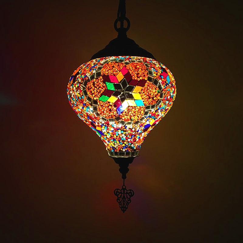 1/6 Bulbs Coffee House Suspension Pendant Tradition Bronze Hanging Light Kit with Droplet Colorful Glass Shade Clearhalo 'Ceiling Lights' 'Glass shade' 'Glass' 'Pendant Lights' 'Pendants' Lighting' 247726