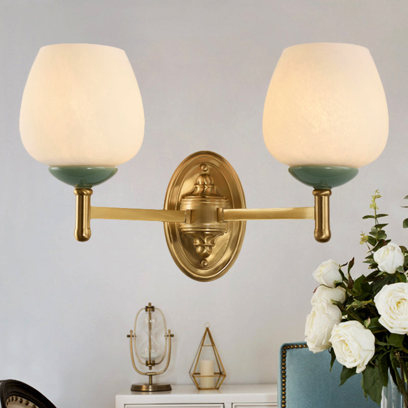 Opal Glass Tapered Wall Sconce Modern 1/2-Light Hall Wall Mount Light Fixture with Porcelain Cap in Gold Clearhalo 'Wall Lamps & Sconces' 'Wall Lights' Lighting' 247733