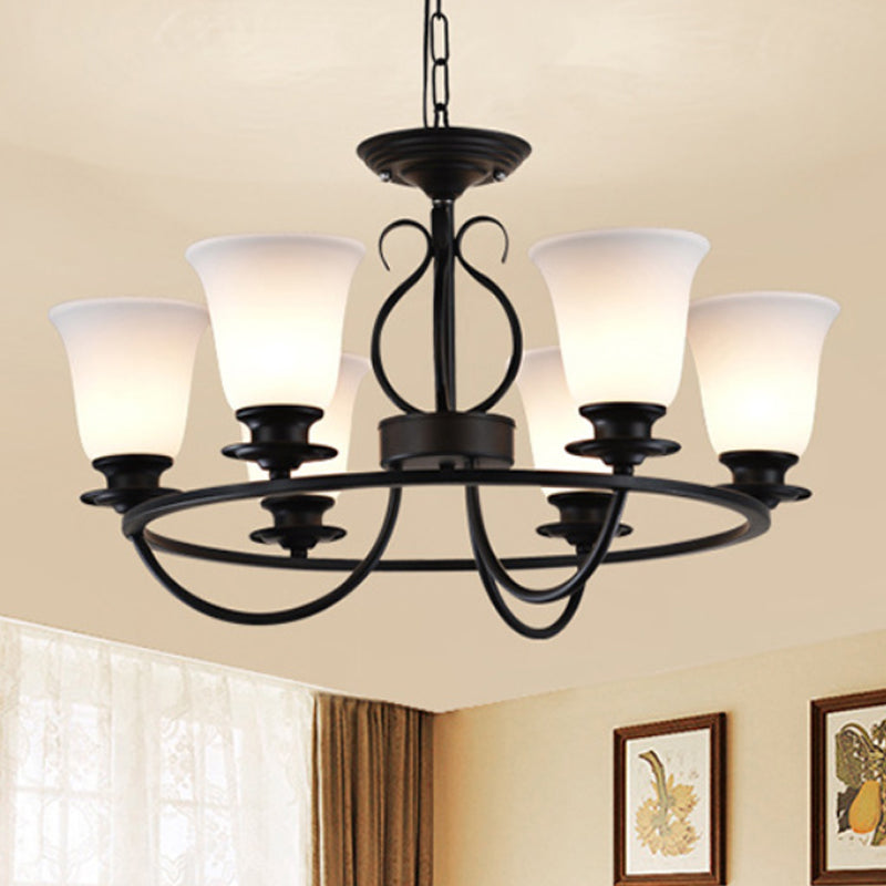 Bell Frosted Glass Chandelier Lighting Traditional 3/6/8 Lights Living Room Pendant Lighting in Black Clearhalo 'Ceiling Lights' 'Chandeliers' Lighting' options 247738