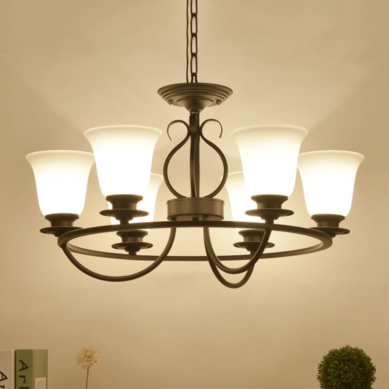 Bell Frosted Glass Chandelier Lighting Traditional 3/6/8 Lights Living Room Pendant Lighting in Black Clearhalo 'Ceiling Lights' 'Chandeliers' Lighting' options 247739