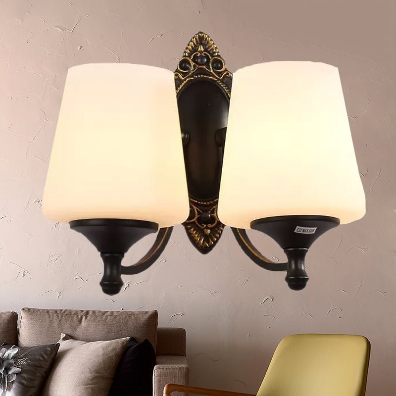 Retro Conical Sconce Light Fixture 1/2-Light White Glass Wall Mounted Light with Metal Curved Arm in Black 2.0 Black Clearhalo 'Wall Lamps & Sconces' 'Wall Lights' Lighting' 247741