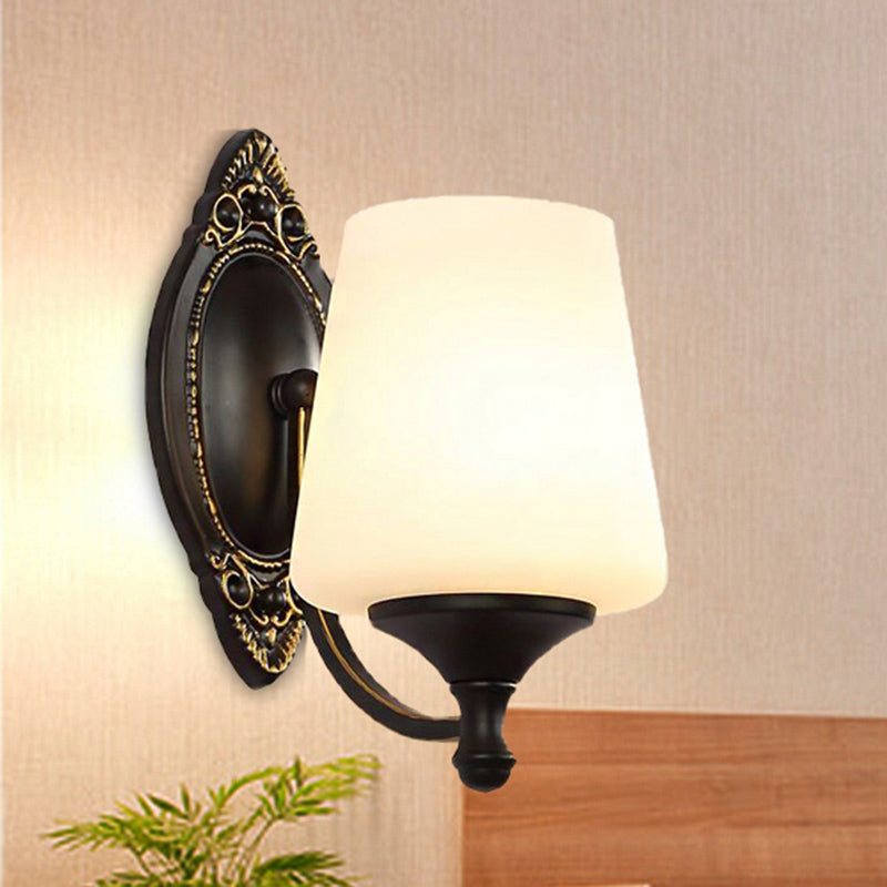 Retro Conical Sconce Light Fixture 1/2-Light White Glass Wall Mounted Light with Metal Curved Arm in Black 1.0 Black Clearhalo 'Wall Lamps & Sconces' 'Wall Lights' Lighting' 247743