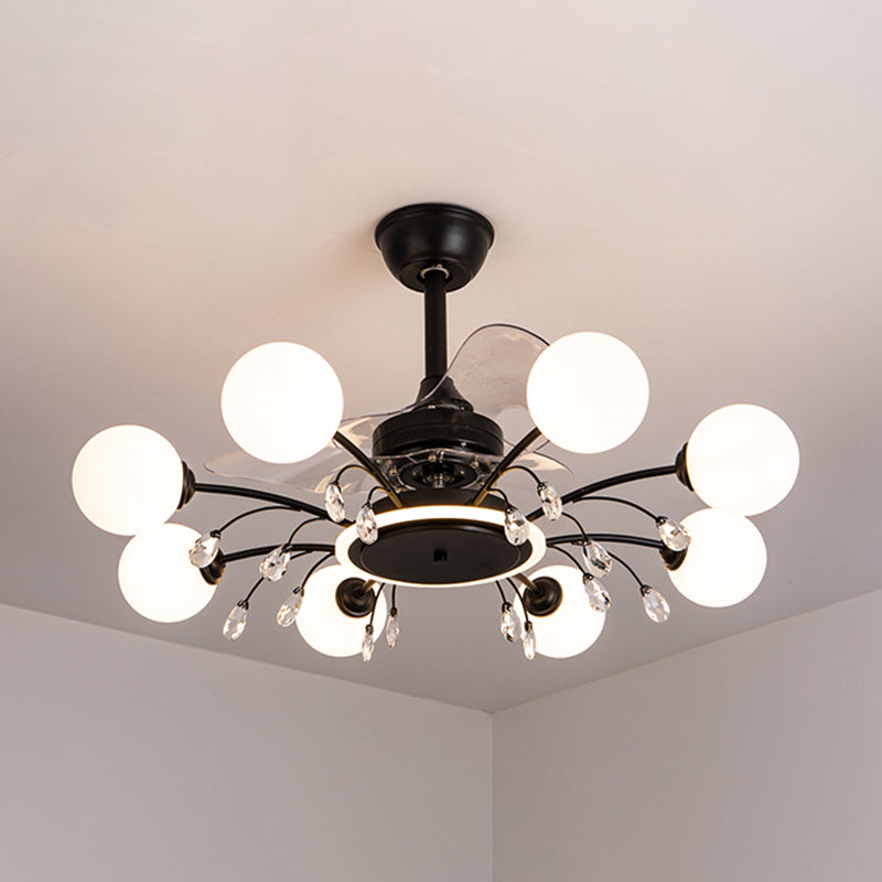 3 Blades Ball Living Room Pendant Fan Light White Glass Postmodern Remote Control Semi Flush Light with K9 Crystals 8.0 Black Remote Clearhalo 'Ceiling Fans with Lights' 'Ceiling Fans' 'Modern Ceiling Fans' 'Modern' Lighting' 2477440