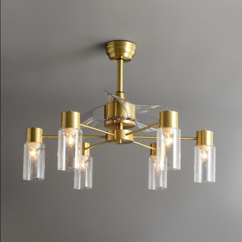 Tubular Clear Glass Hanging Fan Light Minimalistic 3 Blades Brass Semi Flush Mount with Remote, 35.5" Wide 6.0 Brass Remote Clearhalo 'Ceiling Fans with Lights' 'Ceiling Fans' 'Modern Ceiling Fans' 'Modern' Lighting' 2477488