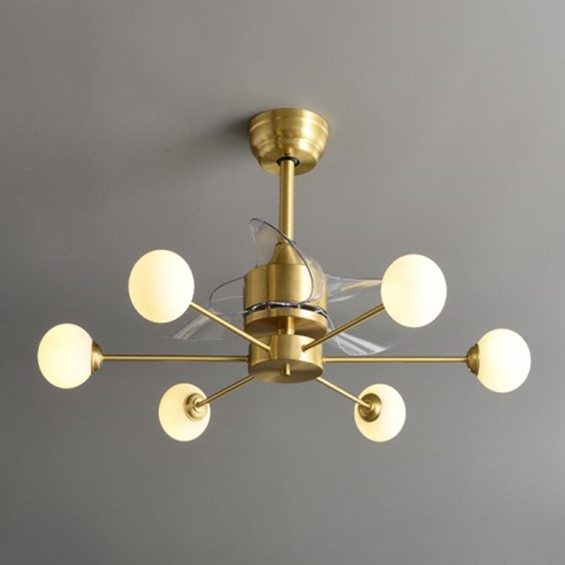 34" W Opaline Glass Ball Semi Flush Mount Lighting Postmodern Brass Remote Control Ceiling Fan Light with 3 Blades 6.0 Brass Remote Clearhalo 'Ceiling Fans with Lights' 'Ceiling Fans' 'Modern Ceiling Fans' 'Modern' Lighting' 2477494