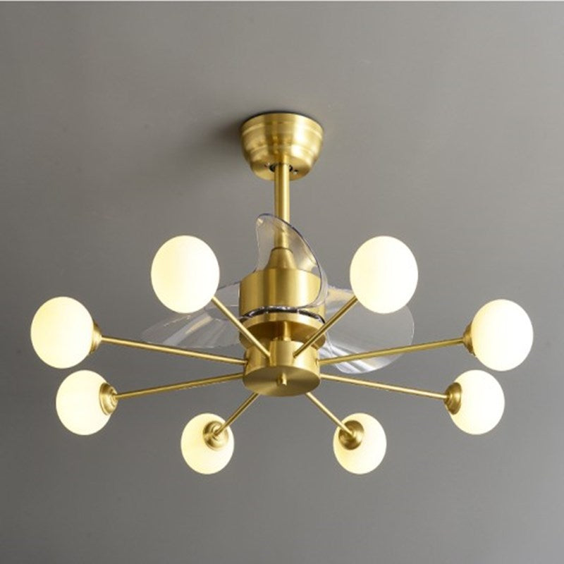 34" W Opaline Glass Ball Semi Flush Mount Lighting Postmodern Brass Remote Control Ceiling Fan Light with 3 Blades 8.0 Brass Remote Clearhalo 'Ceiling Fans with Lights' 'Ceiling Fans' 'Modern Ceiling Fans' 'Modern' Lighting' 2477495