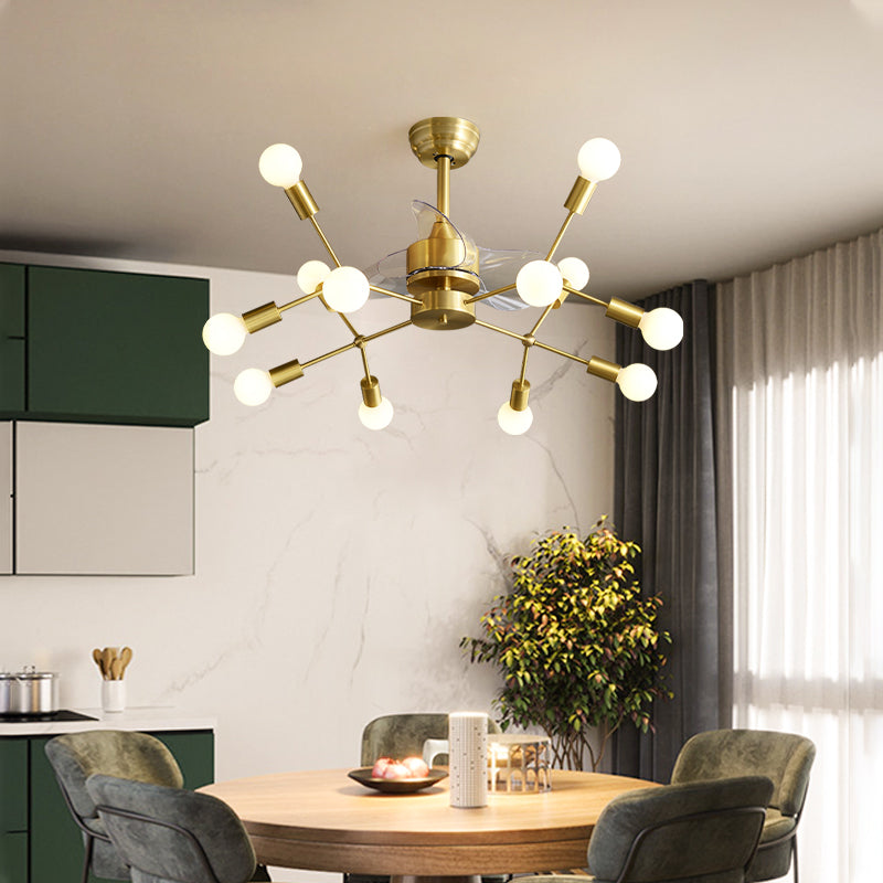 Brass Molecular Semi Flush Mount Chandelier Postmodern Metal Remote Ceiling Fan Light with 3 Blades, 38.5" W 12.0 Brass Remote Clearhalo 'Ceiling Fans with Lights' 'Ceiling Fans' 'Modern Ceiling Fans' 'Modern' Lighting' 2477509