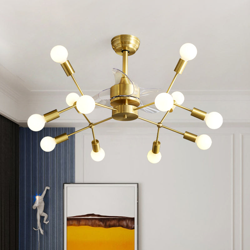 Brass Molecular Semi Flush Mount Chandelier Postmodern Metal Remote Ceiling Fan Light with 3 Blades, 38.5" W Clearhalo 'Ceiling Fans with Lights' 'Ceiling Fans' 'Modern Ceiling Fans' 'Modern' Lighting' 2477511