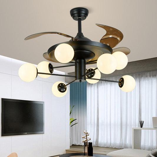 4-Blade Sputnik Ceiling Fan Lamp Modern Opal Glass Living Room Semi Flush Light in Black with Remote 8.0 Black Remote Clearhalo 'Ceiling Fans with Lights' 'Ceiling Fans' 'Modern Ceiling Fans' 'Modern' Lighting' 2477518