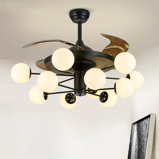 4-Blade Sputnik Ceiling Fan Lamp Modern Opal Glass Living Room Semi Flush Light in Black with Remote 12.0 Black Remote Clearhalo 'Ceiling Fans with Lights' 'Ceiling Fans' 'Modern Ceiling Fans' 'Modern' Lighting' 2477520