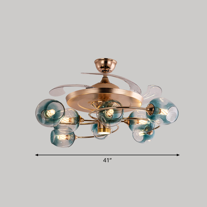 3 Blades Dimpled Glass Cup Pendant Fan Light Vintage 8-Bulb Remote Semi-Flush Ceiling Light Clearhalo 'Ceiling Fans with Lights' 'Ceiling Fans' 'Modern Ceiling Fans' 'Modern' Lighting' 2477530