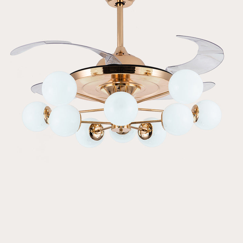 42" Wide Milk Glass Ball Pendant Fan Lamp Postmodern Rose Gold Semi Flush Light with 4 Clear Blades Clearhalo 'Ceiling Fans with Lights' 'Ceiling Fans' 'Modern Ceiling Fans' 'Modern' Lighting' 2477544