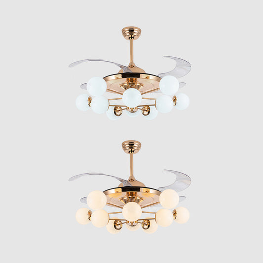 42" Wide Milk Glass Ball Pendant Fan Lamp Postmodern Rose Gold Semi Flush Light with 4 Clear Blades Clearhalo 'Ceiling Fans with Lights' 'Ceiling Fans' 'Modern Ceiling Fans' 'Modern' Lighting' 2477545