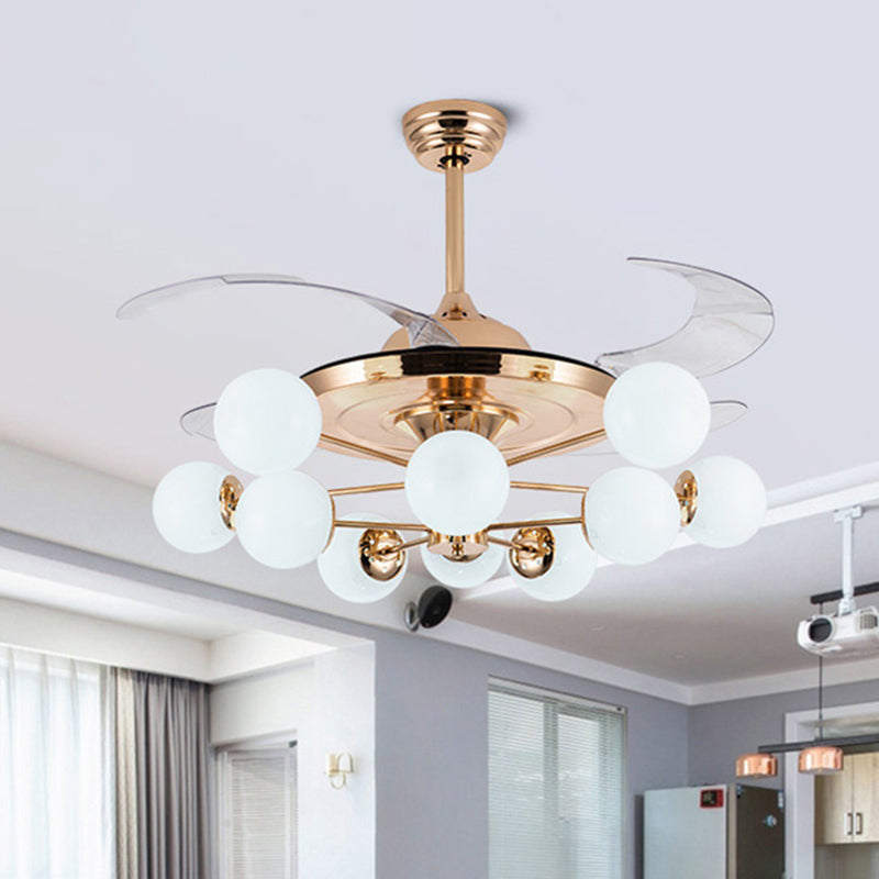 42" Wide Milk Glass Ball Pendant Fan Lamp Postmodern Rose Gold Semi Flush Light with 4 Clear Blades 10.0 Gold Clearhalo 'Ceiling Fans with Lights' 'Ceiling Fans' 'Modern Ceiling Fans' 'Modern' Lighting' 2477546