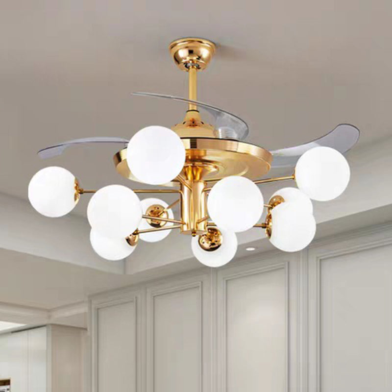 42" Wide Milk Glass Ball Pendant Fan Lamp Postmodern Rose Gold Semi Flush Light with 4 Clear Blades Clearhalo 'Ceiling Fans with Lights' 'Ceiling Fans' 'Modern Ceiling Fans' 'Modern' Lighting' 2477549