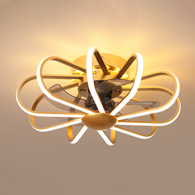 23.5" W Gold Cage Semi Mount Lighting Minimalist Metal LED Ceiling Fan Light Fixture with 5 Blades and Remote Clearhalo 'Ceiling Fans with Lights' 'Ceiling Fans' 'Modern Ceiling Fans' 'Modern' Lighting' 2477587