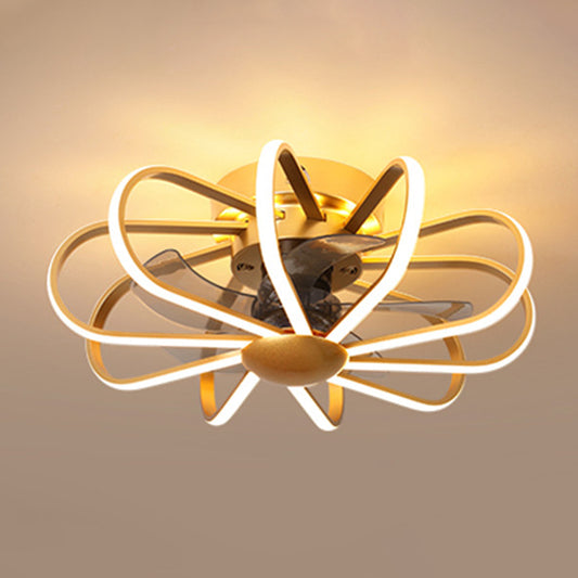 23.5" W Gold Cage Semi Mount Lighting Minimalist Metal LED Ceiling Fan Light Fixture with 5 Blades and Remote Clearhalo 'Ceiling Fans with Lights' 'Ceiling Fans' 'Modern Ceiling Fans' 'Modern' Lighting' 2477587