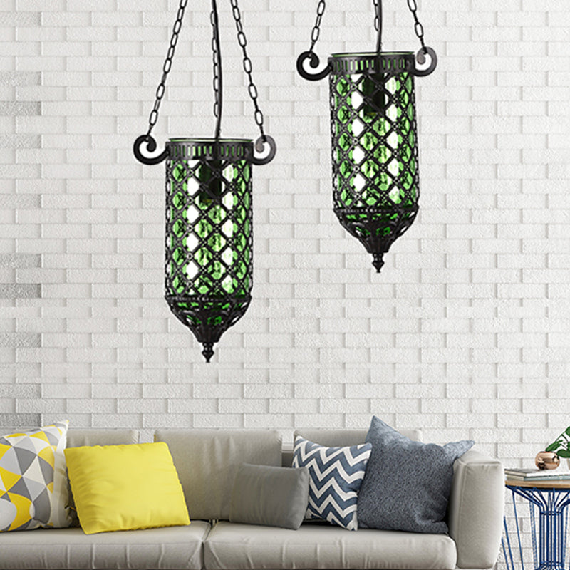Pencil Blue/Green/Purple Glass Pendant Lamp Antique 1/4 Heads Hanging Light Fixture for Living Room Clearhalo 'Ceiling Lights' 'Glass shade' 'Glass' 'Pendant Lights' 'Pendants' Lighting' 247762