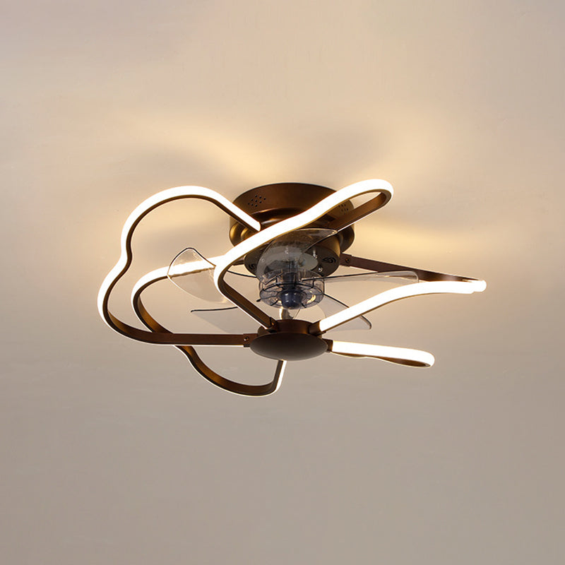 Metal Flower Semi Flush Ceiling Light Fixture Modern Remote Control 5-Blade LED Fan Lamp Coffee 23.5" Remote Clearhalo 'Ceiling Fans with Lights' 'Ceiling Fans' 'Modern Ceiling Fans' 'Modern' Lighting' 2477646