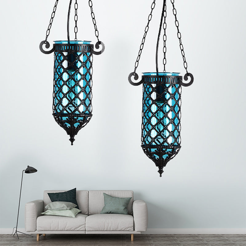 Pencil Blue/Green/Purple Glass Pendant Lamp Antique 1/4 Heads Hanging Light Fixture for Living Room Clearhalo 'Ceiling Lights' 'Glass shade' 'Glass' 'Pendant Lights' 'Pendants' Lighting' 247767