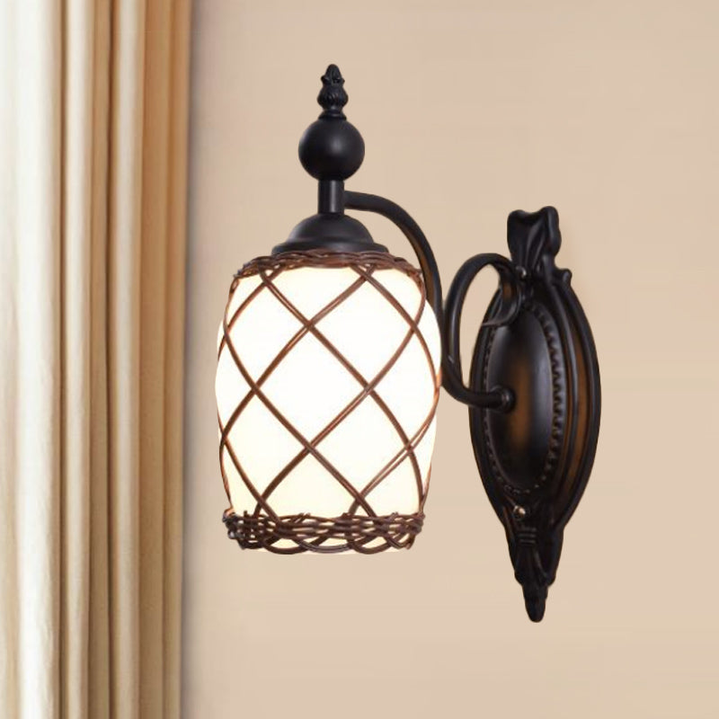 Cylinder Cream Glass Wall Light Fixture Traditional 1 Light Bedroom Wall Lamp with Bamboo-Woven Shade in Black Black Clearhalo 'Wall Lamps & Sconces' 'Wall Lights' Lighting' 247768