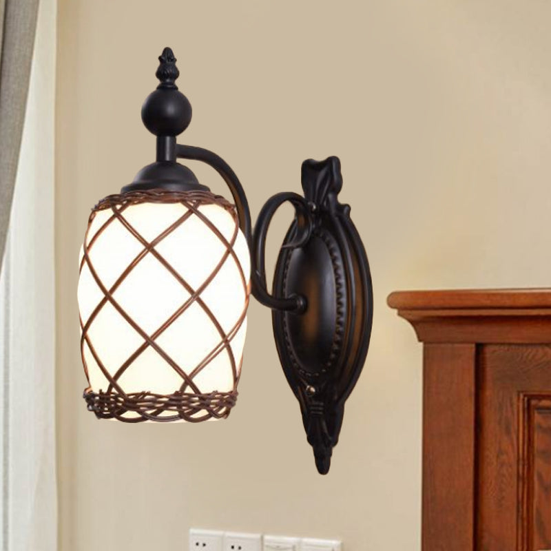 Cylinder Cream Glass Wall Light Fixture Traditional 1 Light Bedroom Wall Lamp with Bamboo-Woven Shade in Black Clearhalo 'Wall Lamps & Sconces' 'Wall Lights' Lighting' 247769