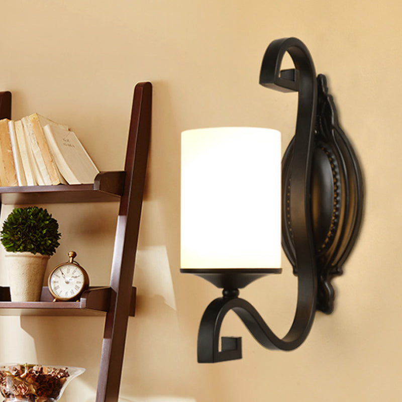 Black Cylindrical Wall Light Sconce Vintage Style Metal 1-Light Study Wall Lamp with White Glass Shade Clearhalo 'Wall Lamps & Sconces' 'Wall Lights' Lighting' 247771