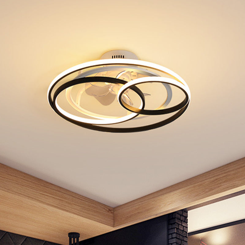 Black and White Loop Semi Flush Light Minimalist Acrylic 7-Blade LED Ceiling Fan Lamp with Remote Control Black-White Remote Clearhalo 'Ceiling Fans with Lights' 'Ceiling Fans' 'Modern Ceiling Fans' 'Modern' Lighting' 2477715