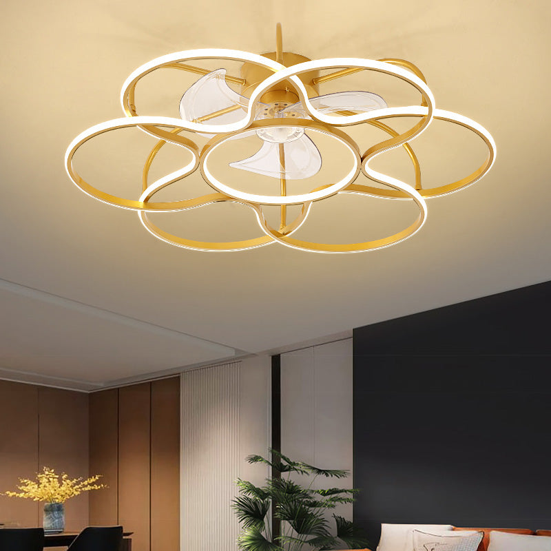 3 Blades Flower Ceiling Fan Lamp Modern Metal Remote Control LED Semi Flush Light for Dining Room Clearhalo 'Ceiling Fans with Lights' 'Ceiling Fans' 'Modern Ceiling Fans' 'Modern' Lighting' 2477753