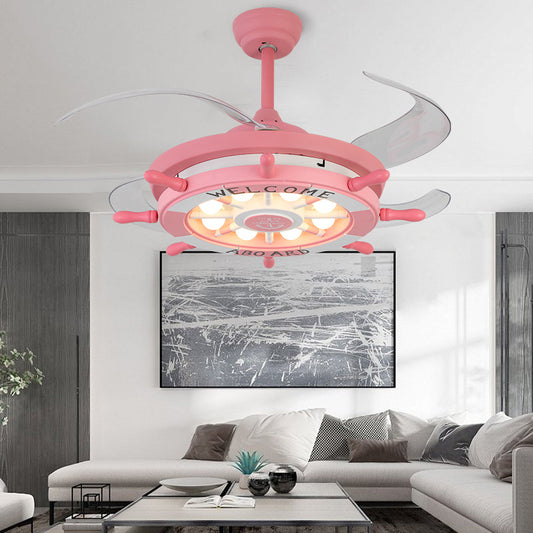 4 Blades Ship Rudder Ceiling Fan Light Childrens Metal LED Pink Semi Mount Lighting for Bedroom, 42" W 8.0 Pink Clearhalo 'Ceiling Fans with Lights' 'Ceiling Fans' 'Modern Ceiling Fans' 'Modern' Lighting' 2478039