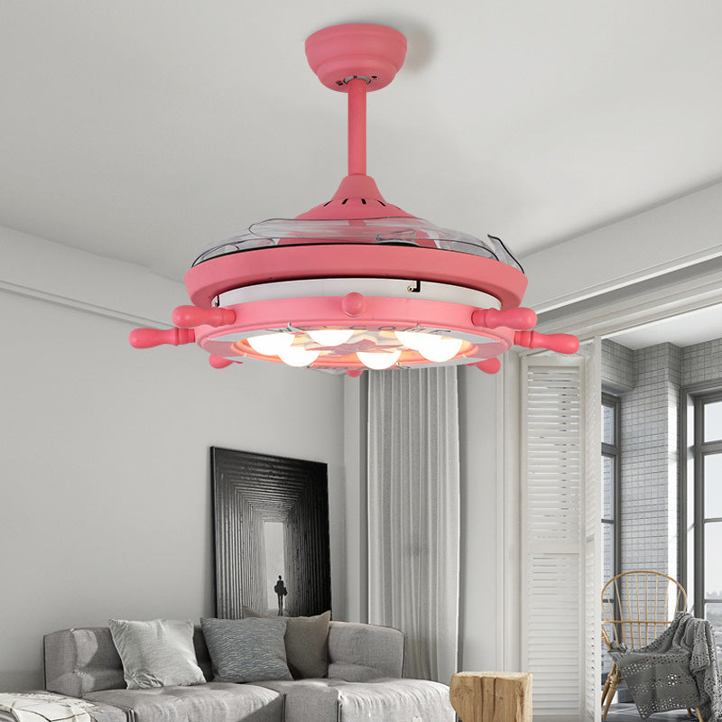 4 Blades Ship Rudder Ceiling Fan Light Childrens Metal LED Pink Semi Mount Lighting for Bedroom, 42" W Clearhalo 'Ceiling Fans with Lights' 'Ceiling Fans' 'Modern Ceiling Fans' 'Modern' Lighting' 2478041