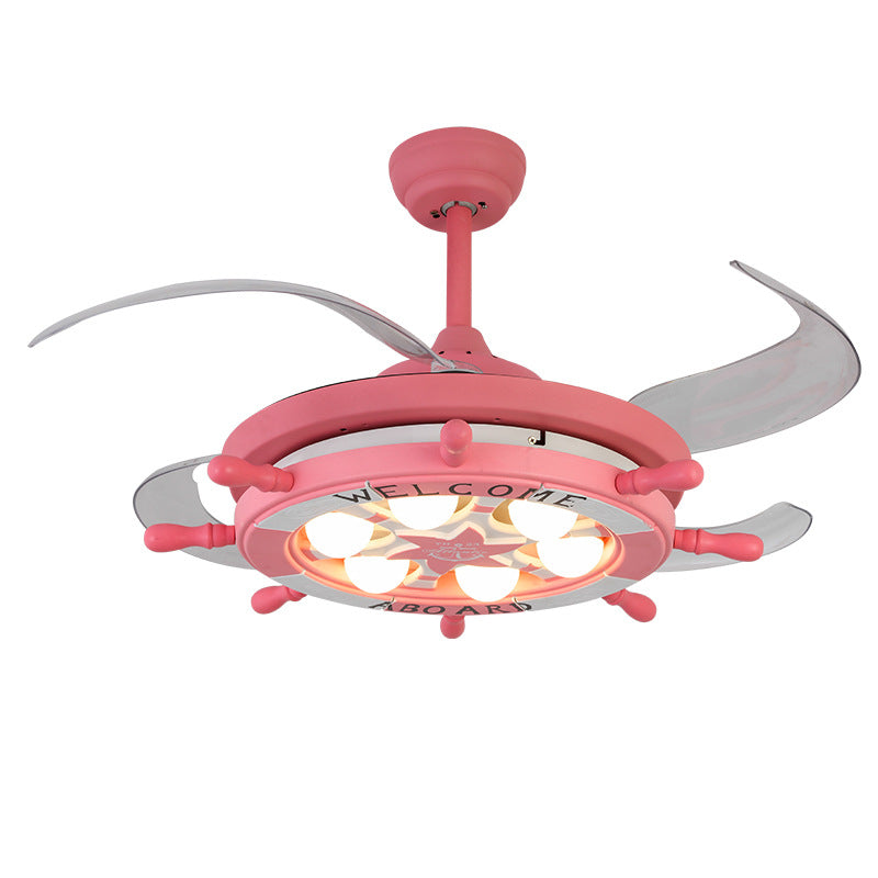 4 Blades Ship Rudder Ceiling Fan Light Childrens Metal LED Pink Semi Mount Lighting for Bedroom, 42" W Clearhalo 'Ceiling Fans with Lights' 'Ceiling Fans' 'Modern Ceiling Fans' 'Modern' Lighting' 2478042