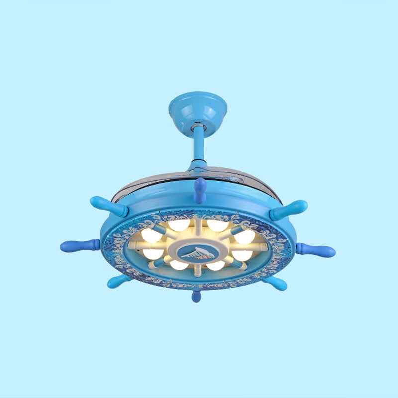 Creative Kids Rudder Hanging Fan Light Fixture Metal Boys Room LED Semi Flush Light in Blue, 4 Blades Blue Clearhalo 'Ceiling Fans with Lights' 'Ceiling Fans' 'Kids Ceiling Fans' 'Kids' Lighting' 2478044