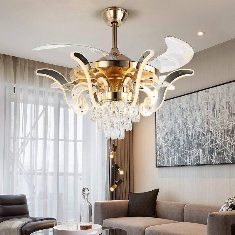 42" Wide Curved Arm LED Semi Flush Chandelier Modern Luxe Metal Living Room Ceiling Fan Lamp with 3-Blade and Remote Gold Remote Clearhalo 'Ceiling Fans with Lights' 'Ceiling Fans' 'Modern Ceiling Fans' 'Modern' Lighting' 2478053