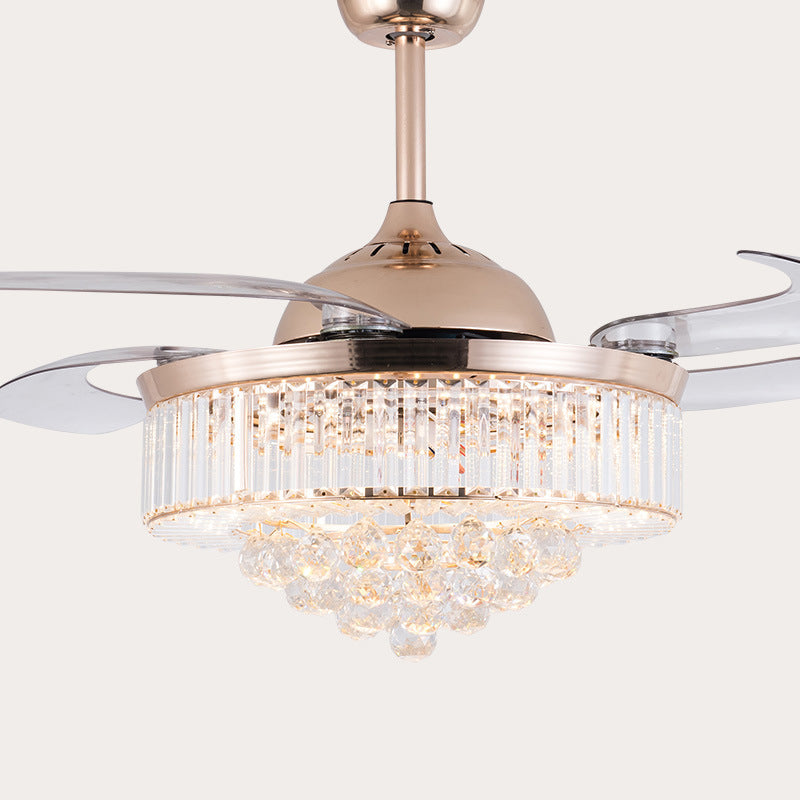 Tapered Crystal 4 Blades Pendant Fan Light Modern Stylish LED Semi-Flush Mount Ceiling Light for Living Room Rose Gold Clearhalo 'Ceiling Fans with Lights' 'Ceiling Fans' 'Modern Ceiling Fans' 'Modern' Lighting' 2478059